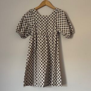 Girls' Cream Puff-Sleeve Cotton Dress with Navy Star Print